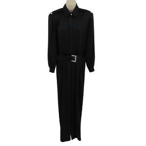 VTG Caron Petite Womens 10 Solid Black Long Sleeve Jumpsuit Rhinestone Buttons